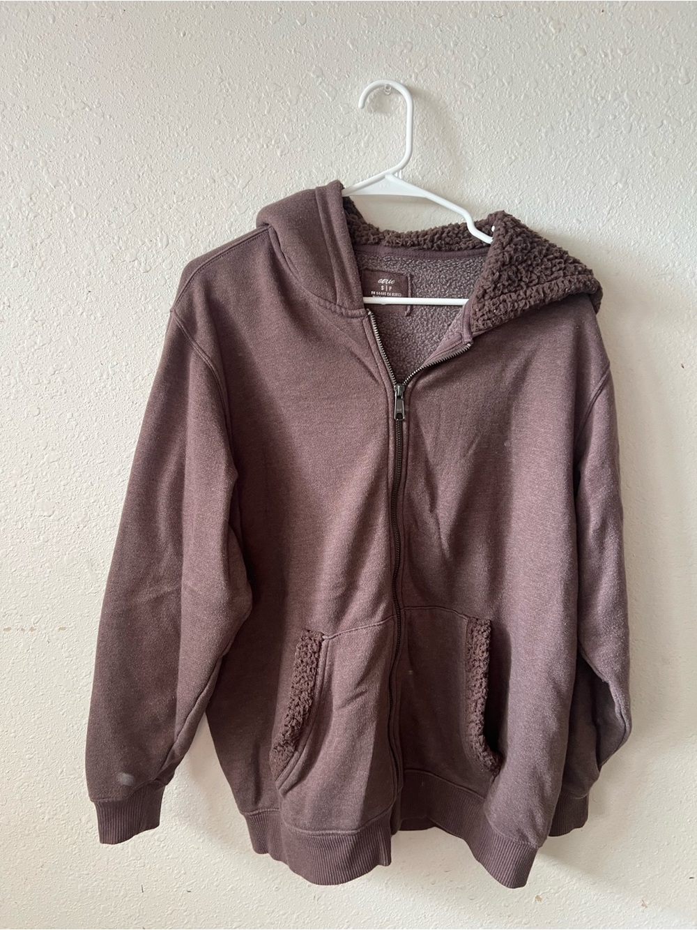 aerie women’s Chocolate Brown Sherpa-Lined Zip Hoodie